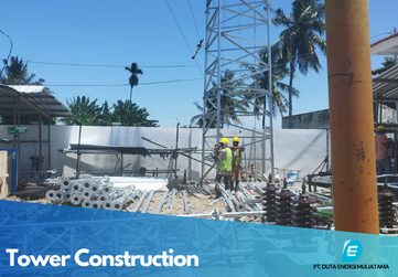 Telecommunications tower with a cityscape background